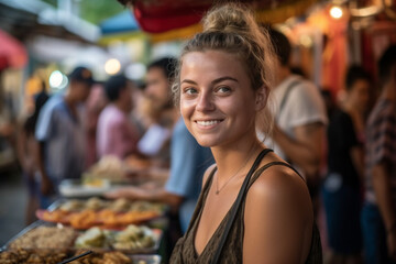 Obraz na płótnie Canvas young tourist woman or teenager outdoors in typical nightlife in a city with many local people in the market, fictional place. Generative AI