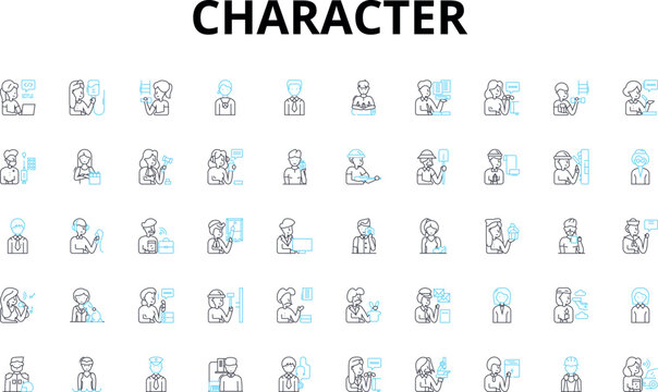 Character linear icons set. Personality, Traits, Unique, Mannerisms, Behavior, Disposition, Morals vector symbols and line concept signs. Quirks,Attitude,Individuality illustration Generative AI