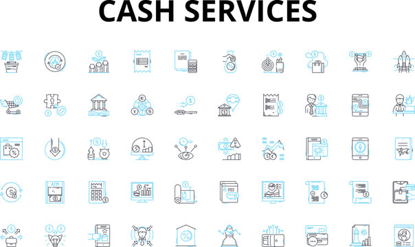 Cash services linear icons set. Loan, Deposit, Withdrawal, ATM, Credit, Debit, Exchange vector symbols and line concept signs. Currency,Fund,Transfer illustration