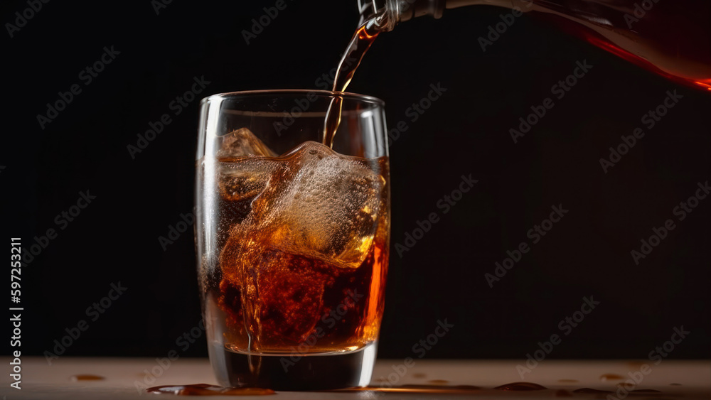 Poster close up of a glass of cola with ice cubes on black background generative ai