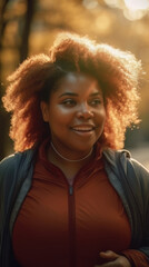 Fototapeta premium AI generated Overweight african american woman running in the park. Sport and healthy lifestyle 