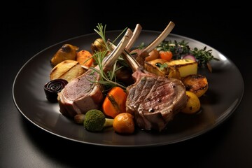 Fototapeta na wymiar rack of lamb with grilled vegetables with spices and sauce on a dark background. Generative AI