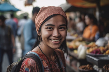 Obraz premium young asian woman or teenager outdoors in typical nightlife in a city with many local people in the market, fictional place. Generative AI