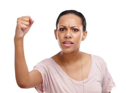 Woman, portrait and angry fist to protest in power, human rights or gender based violence. Serious female and hand for justice, support or revolution in anger isolated on a transparent PNG background
