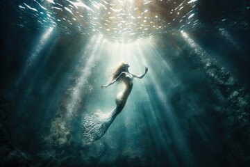 Beautiful young woman with mermaid tail swims and dives under sunny deep water, fantastic fish in water, generative AI. - obrazy, fototapety, plakaty