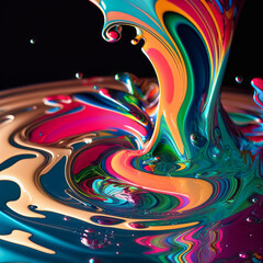 Fondo abstracto con formas aleatorias y torbellino de liquido con multiples colores y salpicaduras