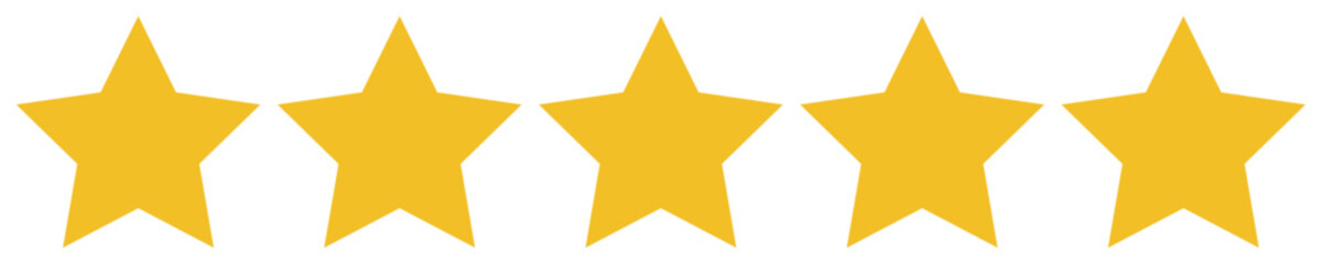 Five star icon, yellow, gold color flat style star shape rank concept vector. Trendy design graphic sign illustration for web, mobile, app, UI, logo, game, stamp, label symbol isolated background.