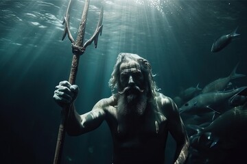 Fototapeta na wymiar Neptune is the god of the underwater sea, Poseidon is the mythical god of water, generative AI.