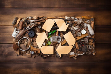 Recycling Symbol Amidst Various Types of Garbage on Wooden Background
