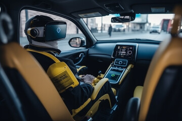 Fototapeta na wymiar taxi cab driver car with technology or humanoid android robot with artificial intelligence. Generative AI