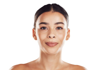 Beauty, skincare and portrait of woman with makeup glow and dermatology wellness. Isolated, face...