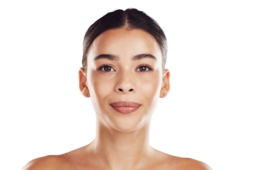 Beauty, skincare and portrait of woman with makeup glow and dermatology wellness. Isolated, face and female model with cosmetics, cosmetology aesthetic and glowing skin on transparent png background
