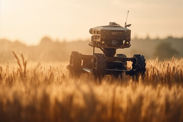Fototapeta premium harvesting robot works on a wheat field. Generative AI