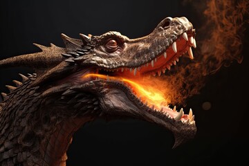 Obraz premium A close-up of the dragon's terrifying mouth spewing fire, generative AI.