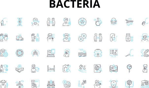 Bacteria linear icons set. Microbes, Pathogens, Germs, Prokaryotes, Virulence, Antibiotics, Plasmids vector symbols and line concept signs. Pathogenesis,Endospores,Pili illustration Generative AI