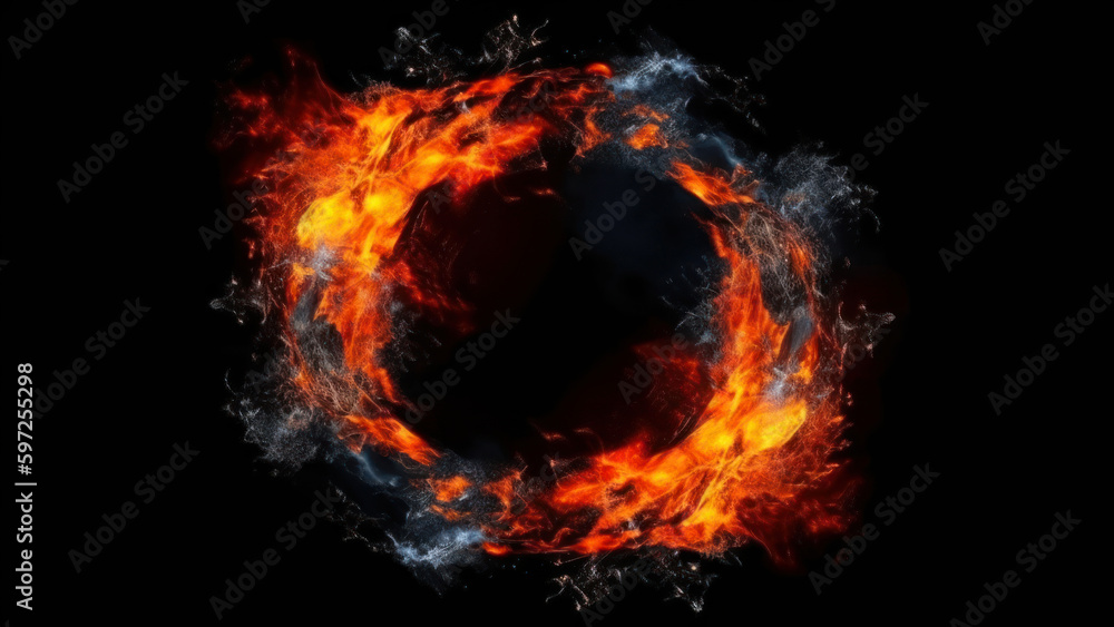 Poster burning circle of fire on a black background. 3d rendering generative ai