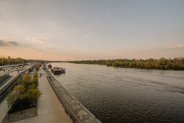 Fototapeta na wymiar Vistula River and city downtown in Warsaw, capital of Poland