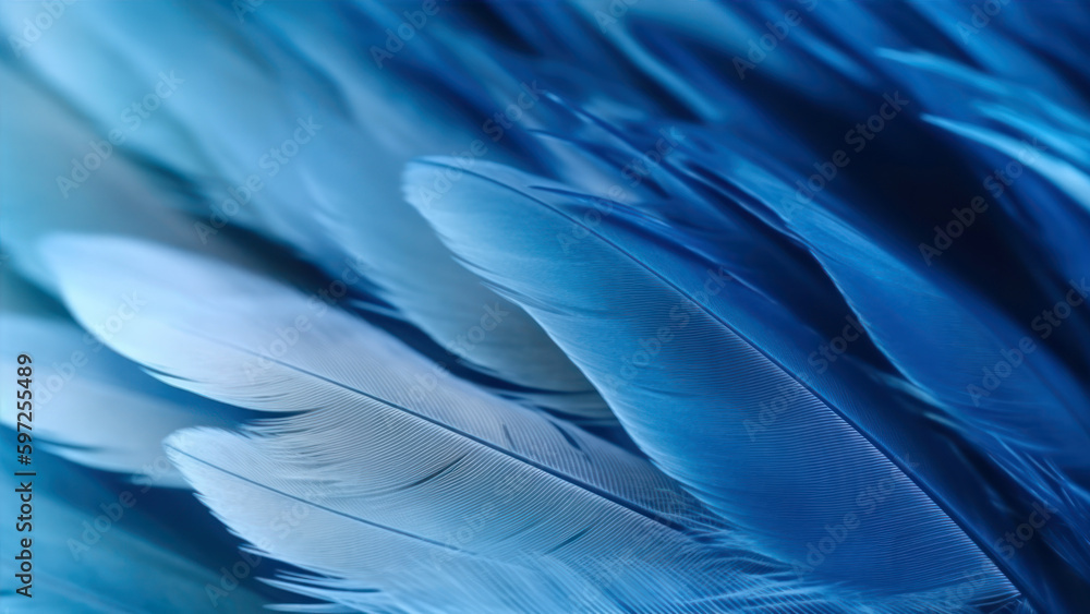 Poster bird feather soft focus background in blue shade generative ai