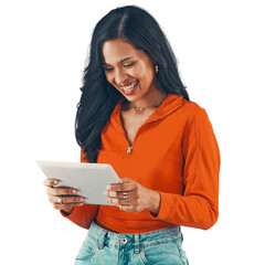 Happy, app and woman with a tablet, connection and social media isolated on a transparent...