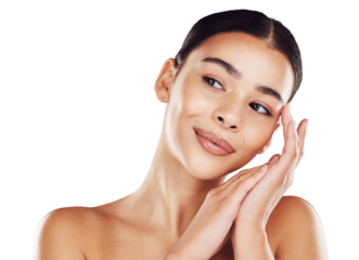Skincare, thinking and face of woman with beauty on isolated, png and transparent background. Dermatology, facial wellness and happy female person relax with natural cosmetics, makeup and smooth skin