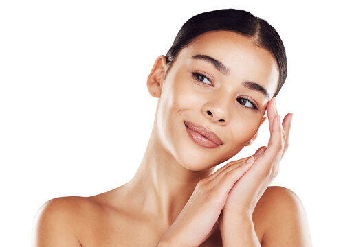 Skincare, thinking and face of woman with beauty on isolated, png and transparent background. Dermatology, facial wellness and happy female person relax with natural cosmetics, makeup and smooth skin
