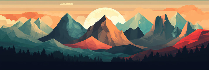 Illustration in retro style of a vintage mountain landscape with a colorful sunset and silhouettes of trees and hills.. Generative ai.