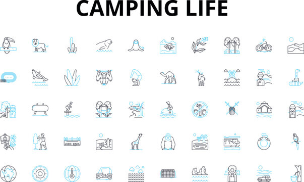 Camping life linear icons set. Adventure, Bonfire, Backpack, Tent, Hiking, Marshmallow, Nature vector symbols and line concept signs. Outdoors,Campfire,Sleepingbag illustration Generative AI