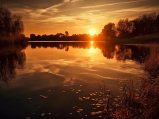 Keuken foto achterwand Reflectie A golden sunrise over a still lake reflecting vibrant colors on the water taken with a wideangle len