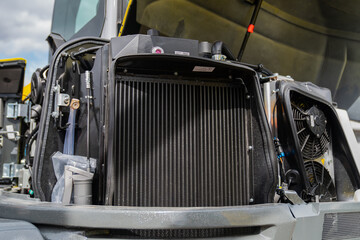 Big construction equipment radiator for machinery under the hood