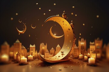 Obraz na płótnie Canvas 3D illustration of Ramadan Kareem with crescent, lanterns, gold confetti and copy space. Generative AI