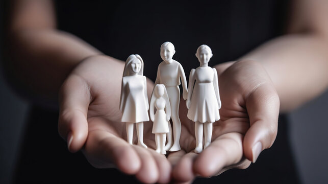 Female hands holding white family figures, generative ai