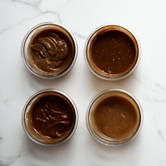 Four Different Salted Caramel sauces in glass bowls on white marble background. Butter, sugar with cream and salt. Top view