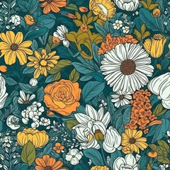 Gardinen Seamless floral background with summer flowers and green leaves. Generative AI © mgogo