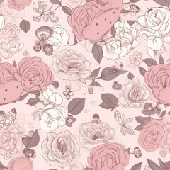 Seamless background with roses and pink colors. Generative AI