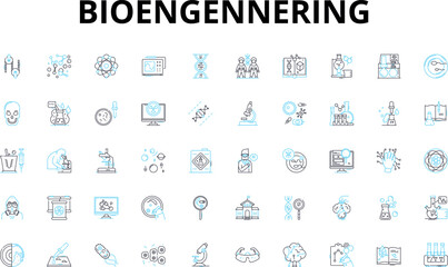 Bioengennering linear icons set. Biomaterials, Biomechanics, Bioprocessing, Bioreactors, Nanotechnology, Tissue engineering, Biocompatibility vector symbols and line concept signs. Generative AI