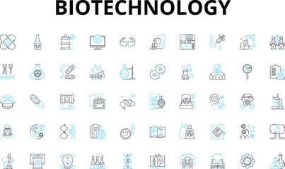 Fototapeta na wymiar Biotechnology linear icons set. Genetic, Microorganisms, Cloning, Genome, Nanotechnology, Vaccines, Probiotics vector symbols and line concept signs. Generative AI