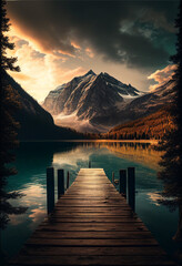 A wooden bridge goes straight into the middle of a beautiful mountain lake. AI Generated