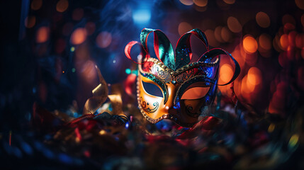 Carnival Party - Venetian Mask With Abstract Defocused Bokeh Lights And Shiny Streamers - Masquerade Disguise Concept, generative ai - obrazy, fototapety, plakaty