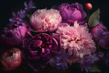 A digital illustration of a bouquet featuring pink and purple peonies. Generative AI