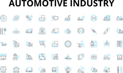 Automotive industry linear icons set. Automobiles, Vehicles, Cars, Trucks, Motorcycles, Manufacturing, Engineering vector symbols and line concept signs. Assembly,Design,Production Generative AI