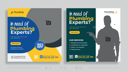 Plumbing service social media post design. Professional plumbing service flyer poster template