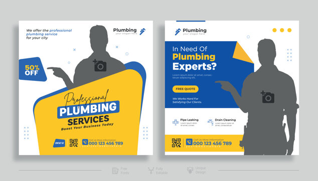 Plumbing service social media post design. Professional plumbing service flyer poster template