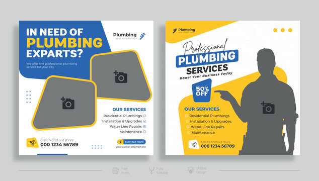 Plumbing quality service facebook banner template Free, Plumbing or plumber social media post template Premium Vector