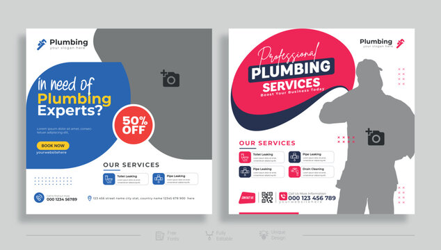 Plumbing quality service facebook banner template Free, Plumbing or plumber social media post template Premium Vector