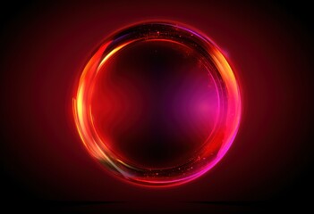 Abstract neon circle, red orange, purple glowing border isolated on a dark background. Colorful light effect. Bright illuminated circle.