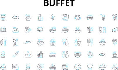 Obraz premium Buffet linear icons set. Spread, Plentiful, Variety, Indulgence, Satisfying, Selection, Lavish vector symbols and line concept signs. Abundance,Feast,Options illustration