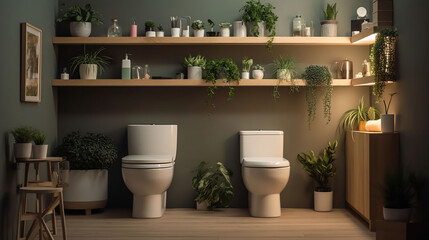 Stylish Interior of restroom with toilet bowl, shelving unit and houseplants, generative ai