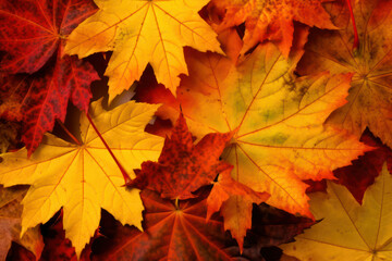 bright background with autumn maple leaves in green, orange and yellow colors. Generative AI