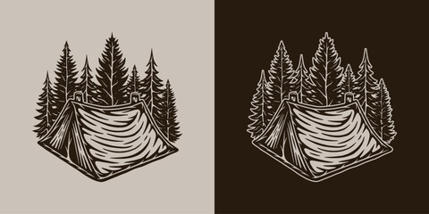 Vintage retro camping adventure travel outdoor element. Tent with forest. Can be used for emblem, logo, badge, label. mark, poster or print. Monochrome Graphic Art. Vector
