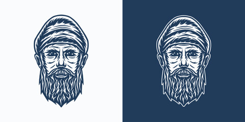 Vintage retro nautical marine adventure element. Old sea man. Can be used for emblem, logo, badge, label. mark, poster or print. Monochrome Engraving Graphic
